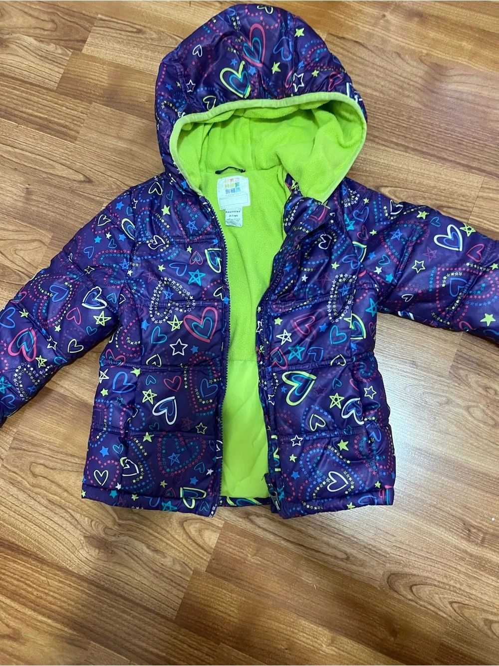 Girl's Healthtex Size 4T Puffer Jacket w/ hearts overall Purple w/lime lining